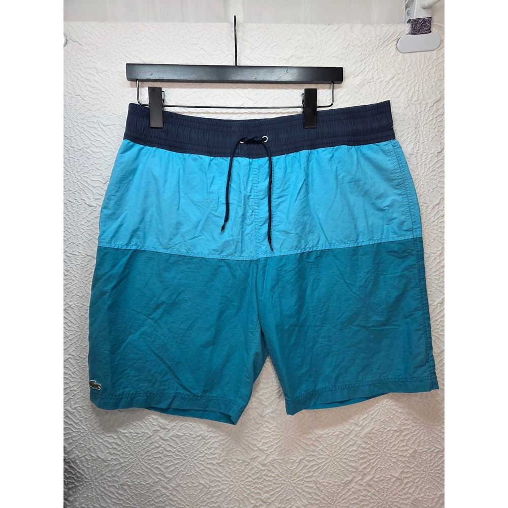 Lacoste Mens Blue Colorblock Swim Trunks Mesh Lined Board Shorts Size L